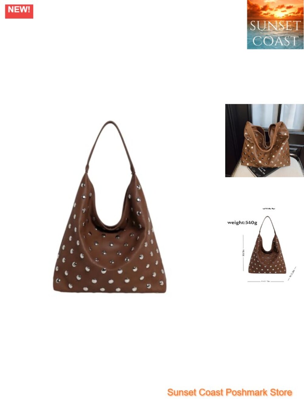 Vegan Leather Studded Hobo Bag Soft Slouchy Punk Shoulder Purse